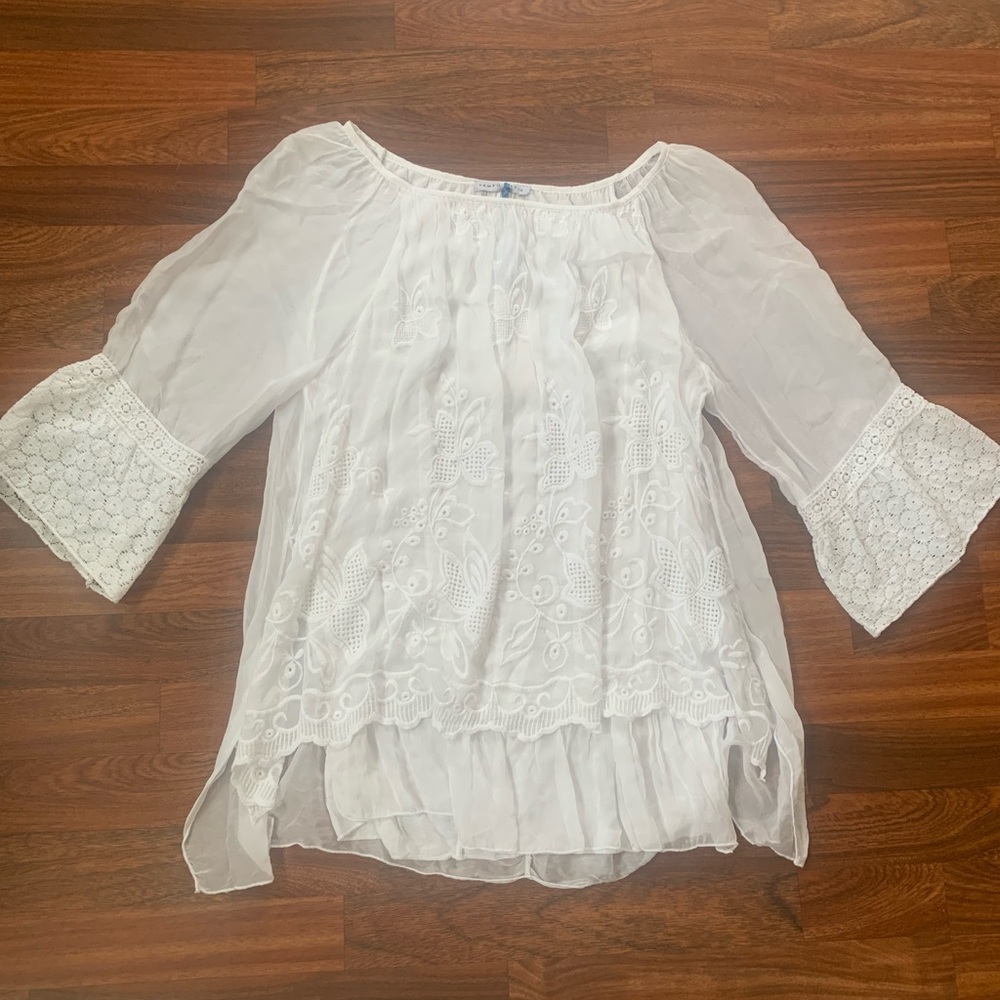 Tempo Paris New White Embroidered Silk Tunic Blouse Women’s 12 Layered Flowy - Picture 8 of 8